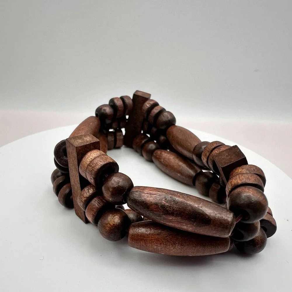 Vintage 90s Brown Three Row Wood Bead Stretch Cord Bracelet Jewelry Statement